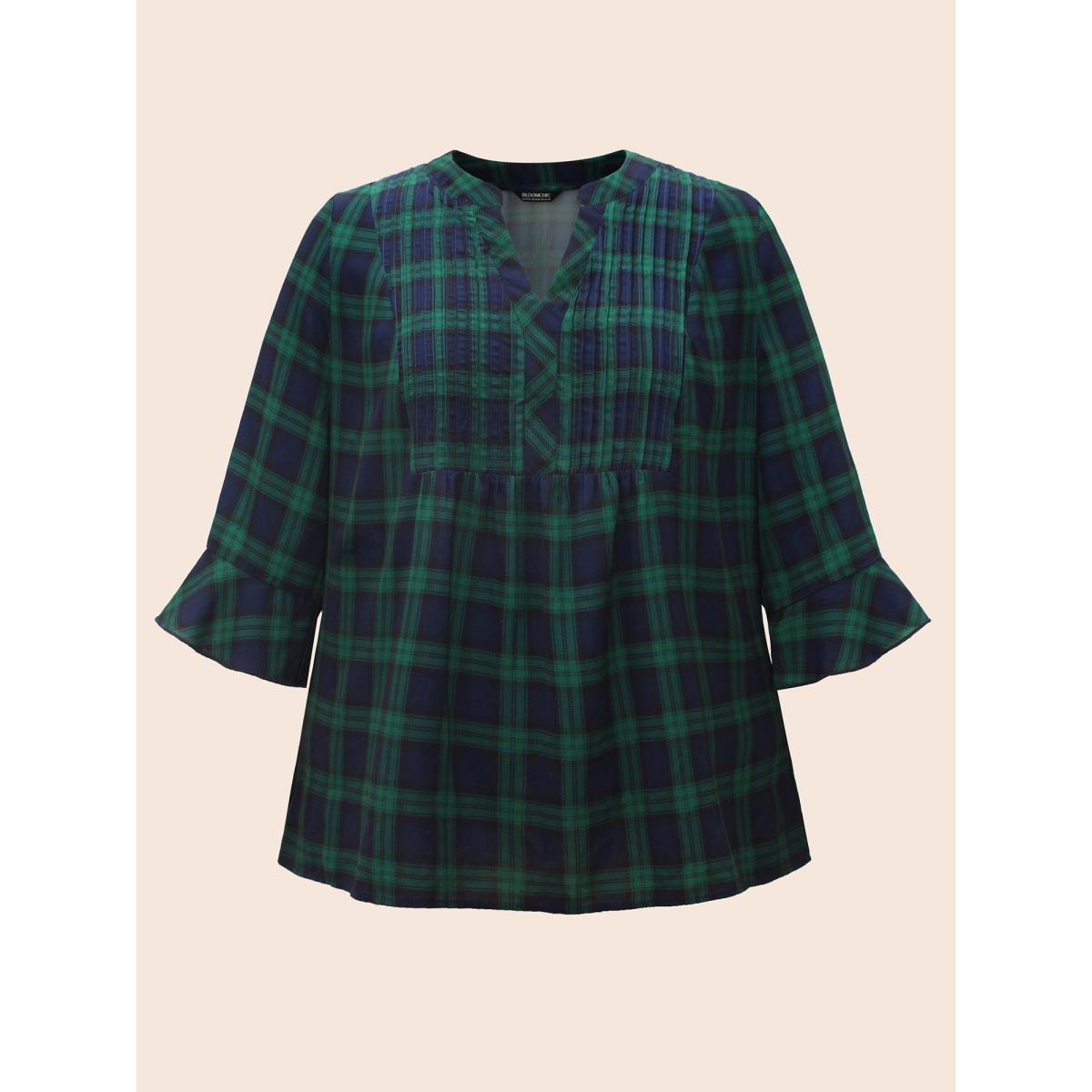 Plus Size Indigo Notched Plaid Ruffles Pleated Blouse Women Casual Elbow-length sleeve Flat collar with V-notch Everyday Blouses BloomChic 12/L Product Image