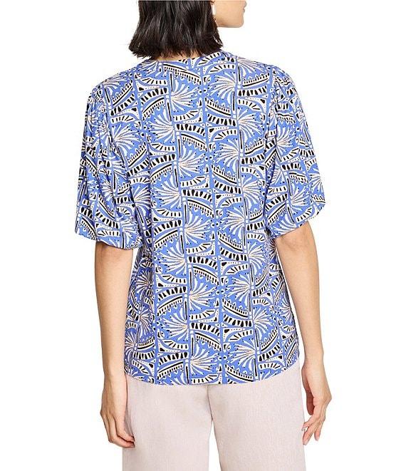 NIC + ZOE Ocean Print Split V-Neck Elbow Puff Sleeve Top Product Image