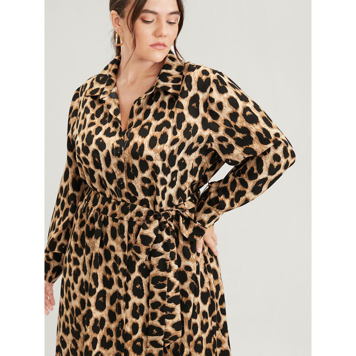 Plus Size Leopard Pocket Button Belted Shirt Collar Midi Dress Leopard Women Office Belted Shirt collar Long Sleeve Curvy Midi Dress BloomChic 26/4X Product Image