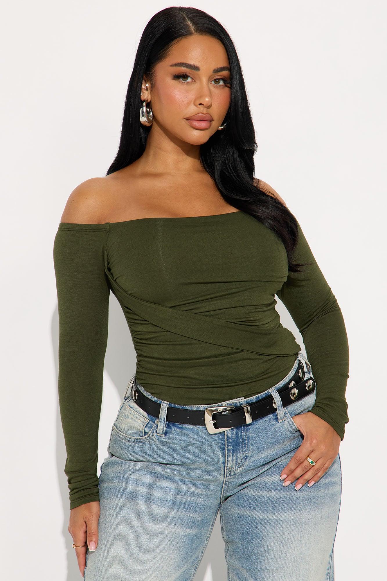 Gilda Off Shoulder Long Sleeve Bodysuit - Olive Female Product Image