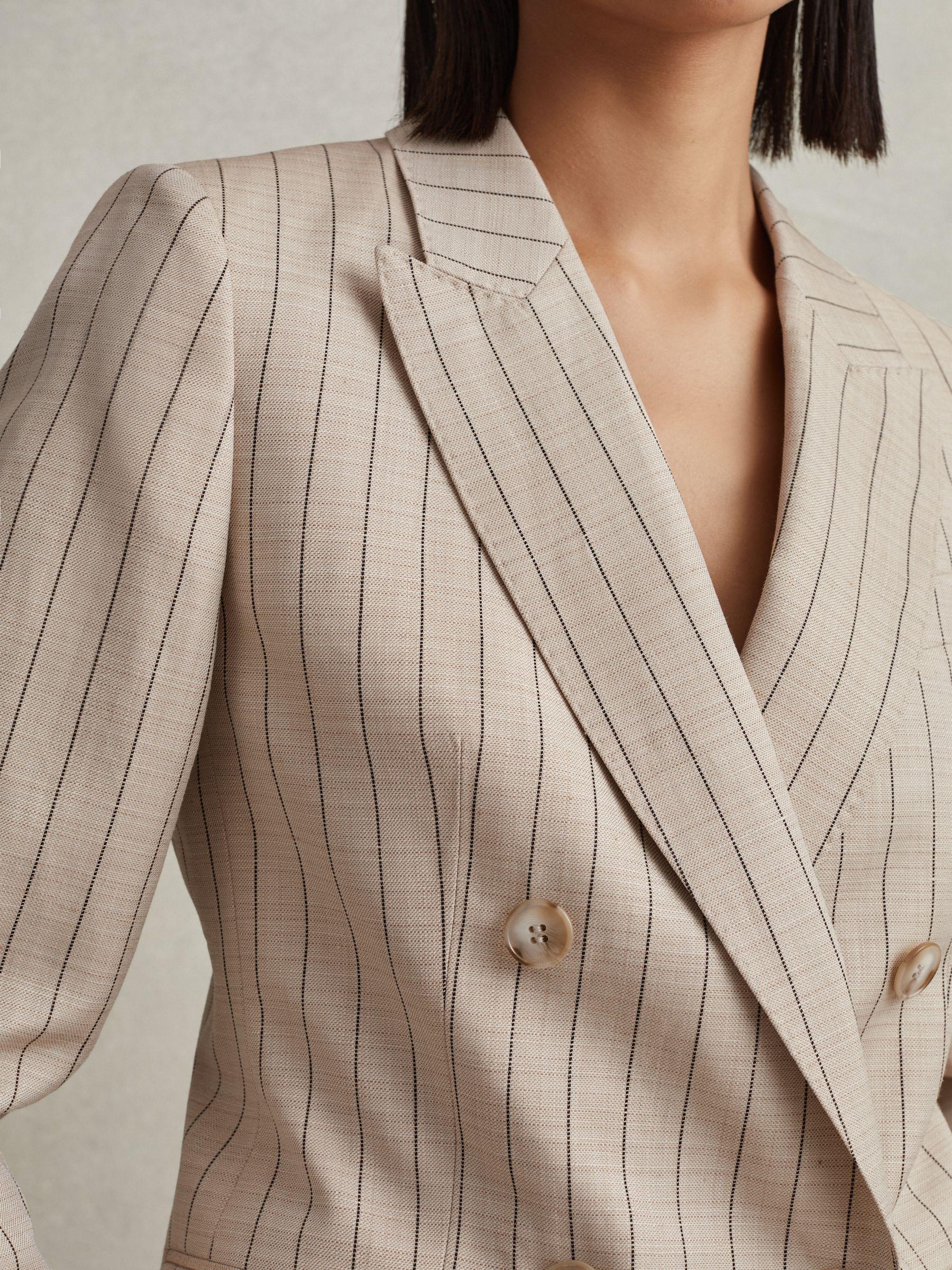 Wool Blend Striped Double Breasted Blazer in Neutral Product Image