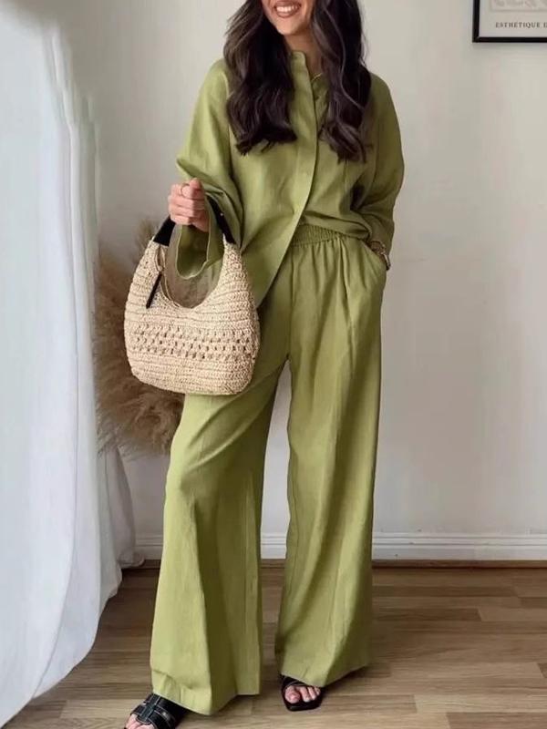 Loose Solid Color Split-Joint Split-Side Lapel Blouse + Elasticity Pleated Pants Trousers Two Pieces Set Product Image