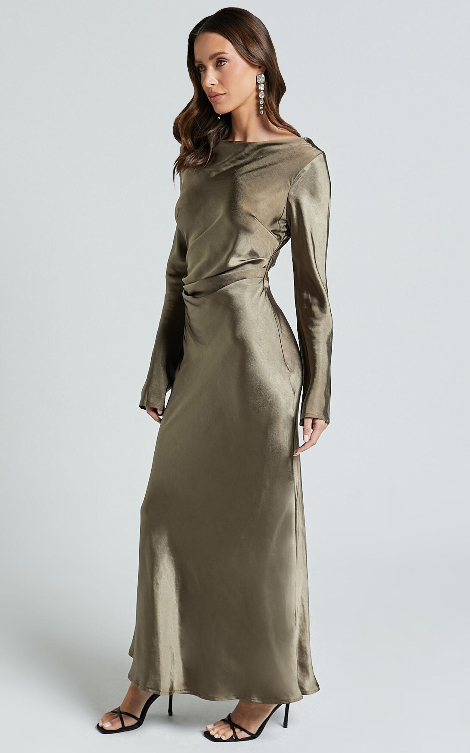 Arriana Midi Dress - Long Sleeve Cowl Back Satin Dress in Dark Olive Product Image