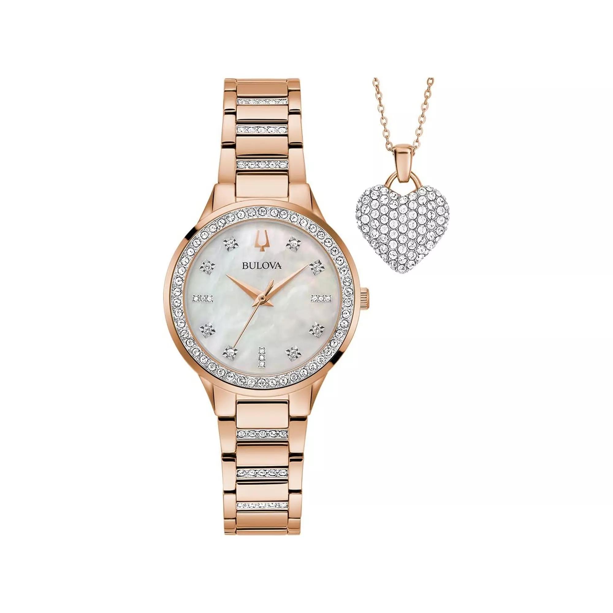 Bulova Womens Rose Gold Tone Stainless Steel Crystal Accent Bracelet Watch & Crystal Heart Necklace Box Set - 98X132 White Product Image