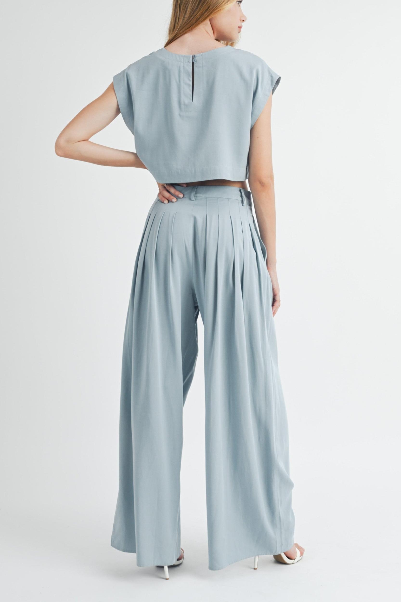 Simple Crop Top & Pleated Wide Leg Pants Product Image