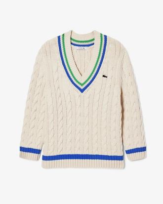 V Neck Cable Knit Cotton Tennis Sweater Product Image