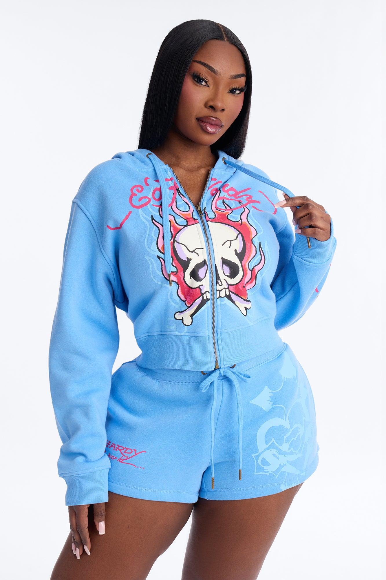 Ed Hardy Pink Flame Skull Fleece Short Set - Blue Female Product Image