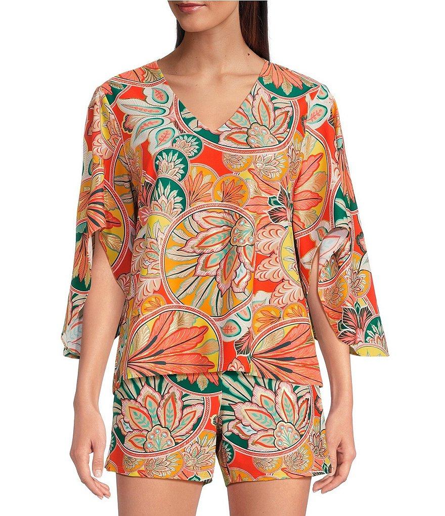 Jude Connally Daniella Stretch Knit Stained Glass Print 3/4 Flutter Sleeve V-Neck Cooridnating Top Product Image