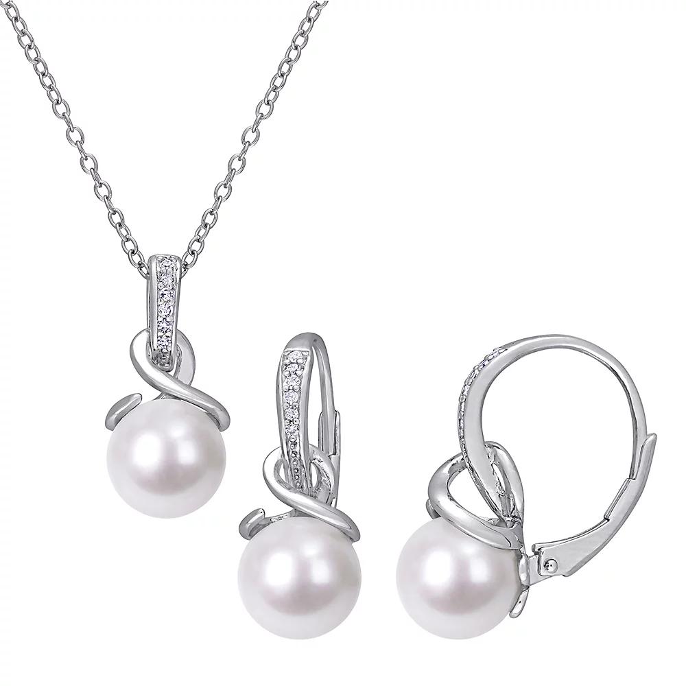 Stella Grace Sterling Silver Freshwater Cultured Pearl & 1/10 Carat T.W. Diamond Pendant & Earring Set, Women's, Size: 18" Product Image