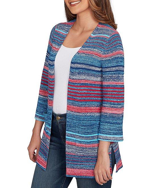 Ruby Rd. Rib Knit Stripe 3/4 Sleeve Pocketed Open-Front Cardigan Product Image
