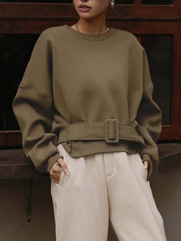 Long Sleeves Loose Belt Buckle Solid Color Round-Neck Sweatshirt Tops Product Image