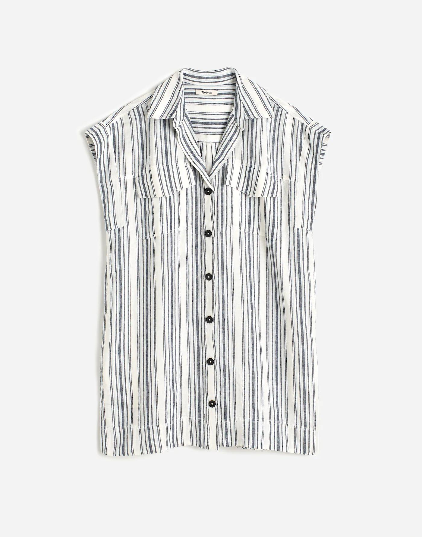 Utility Short-Sleeve Mini Shirtdress in 100% Linen Product Image