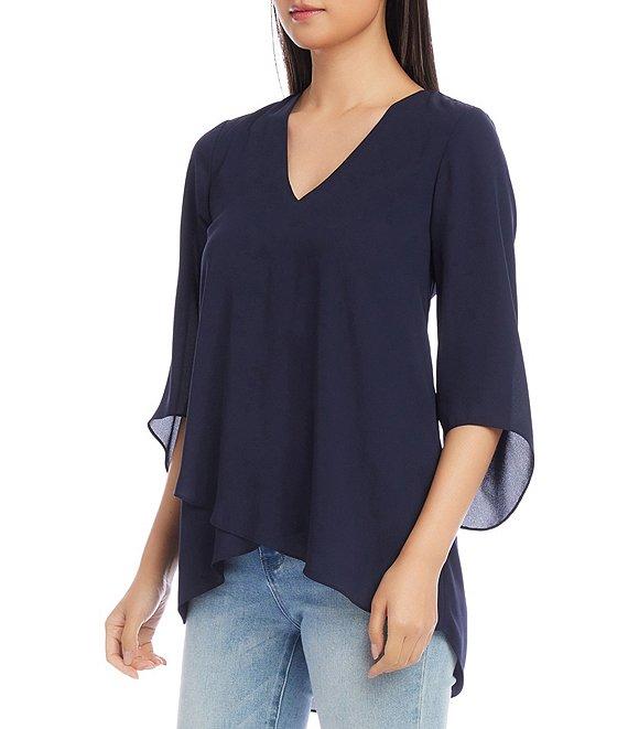 Karen Kane V-Neck 3/4 Sleeve Crossover Hem Silky Crepe Top Product Image