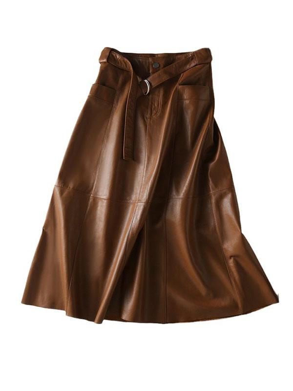 A-Line High Waisted Belted Buttoned Pockets Solid Color Split-Joint Zipper Skirts Bottoms Product Image