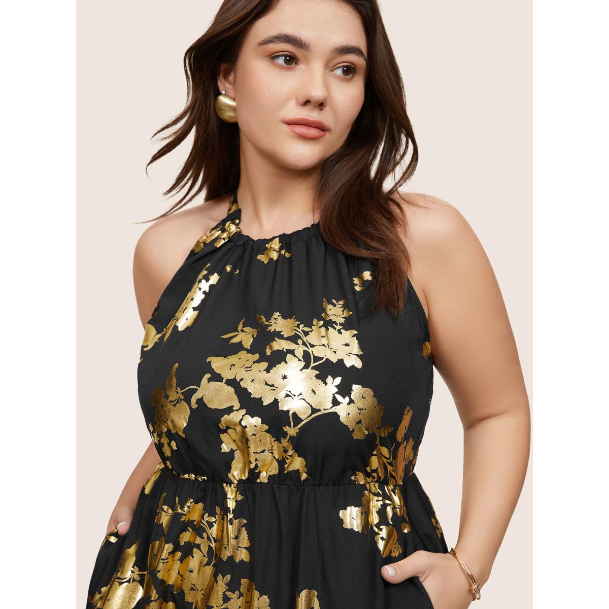 Plus Size Glitter Pocket Halter Keyhole Midi Dress Black Women Glamour Printed Round Neck Sleeveless Curvy Midi Dress BloomChic 10/M Product Image