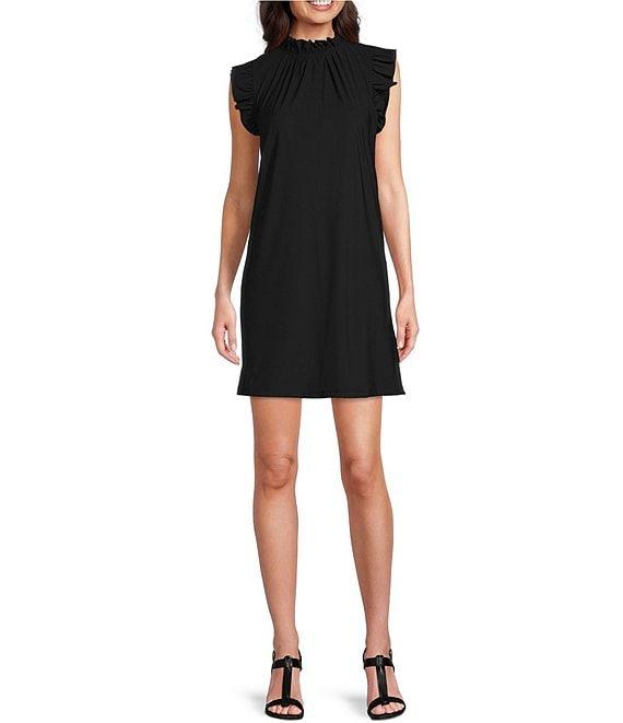 Jude Connally Shari Stretch Knit Ruffle Trim Mock Neck Cap Sleeve Shift Dress Product Image