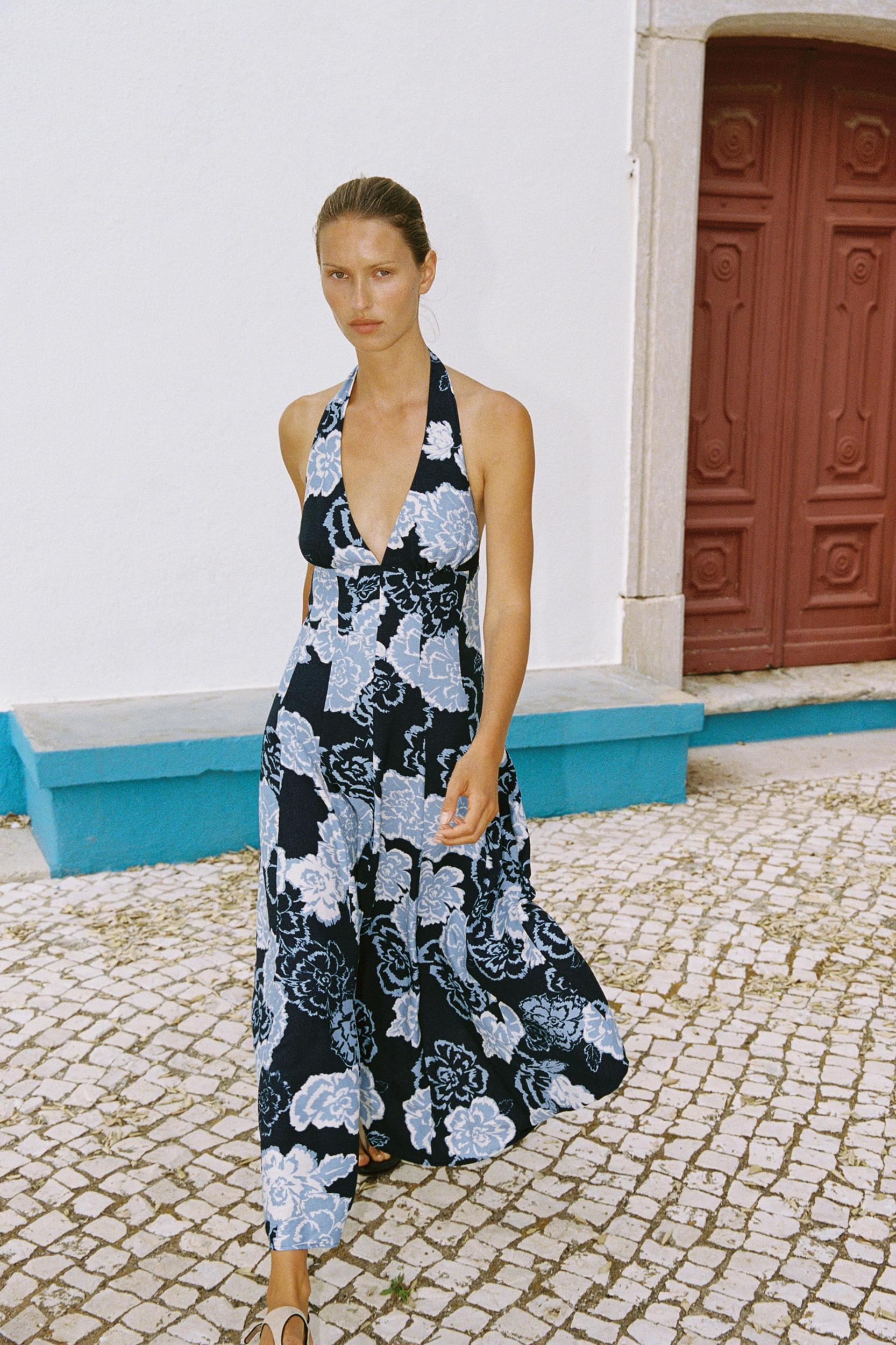 FLORAL PRINT HALTER MIDI DRESS Product Image