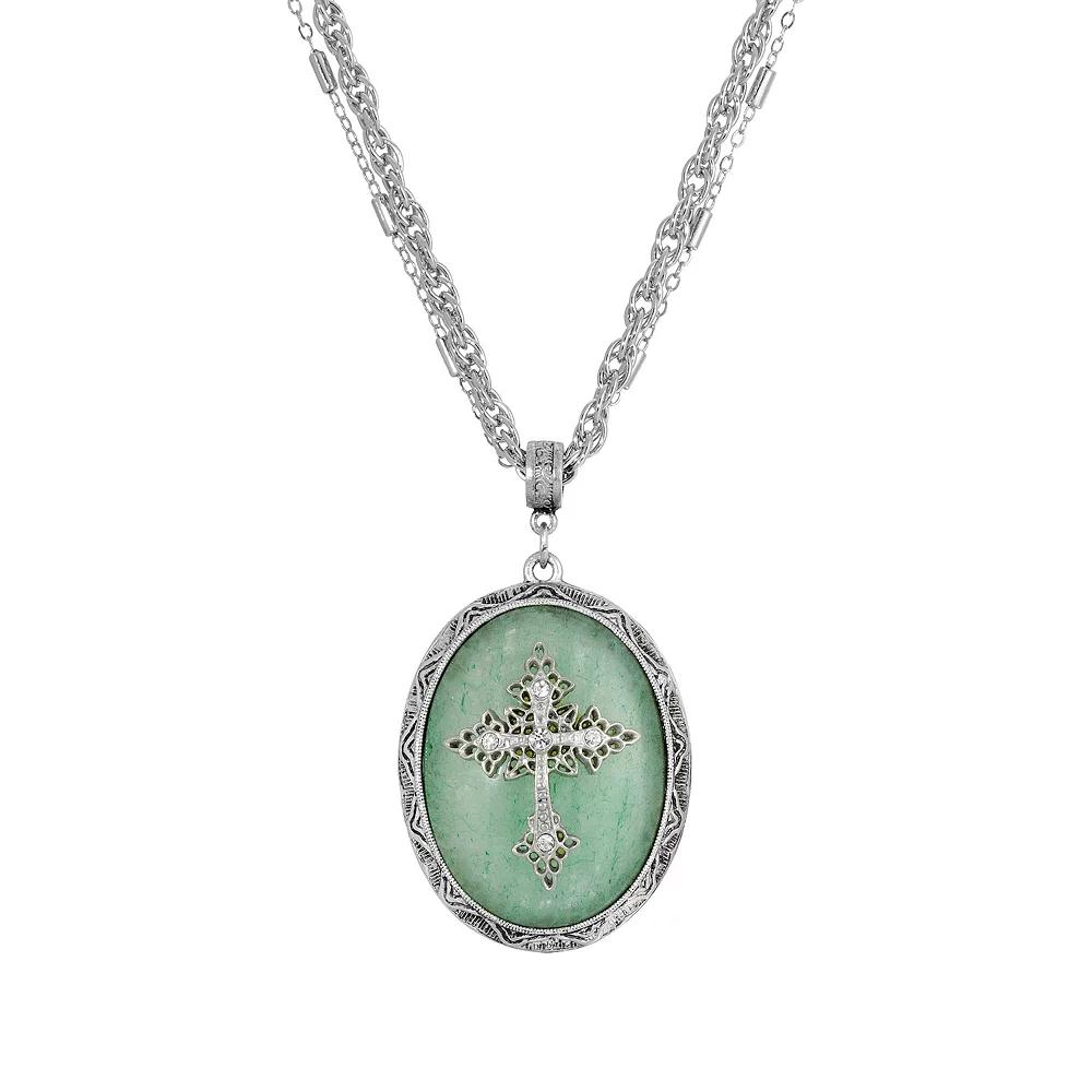 Symbols Of Faith Silver Tone Crystal Cross Cameo Double-Strand Pendant Necklace, Women's, Green Product Image