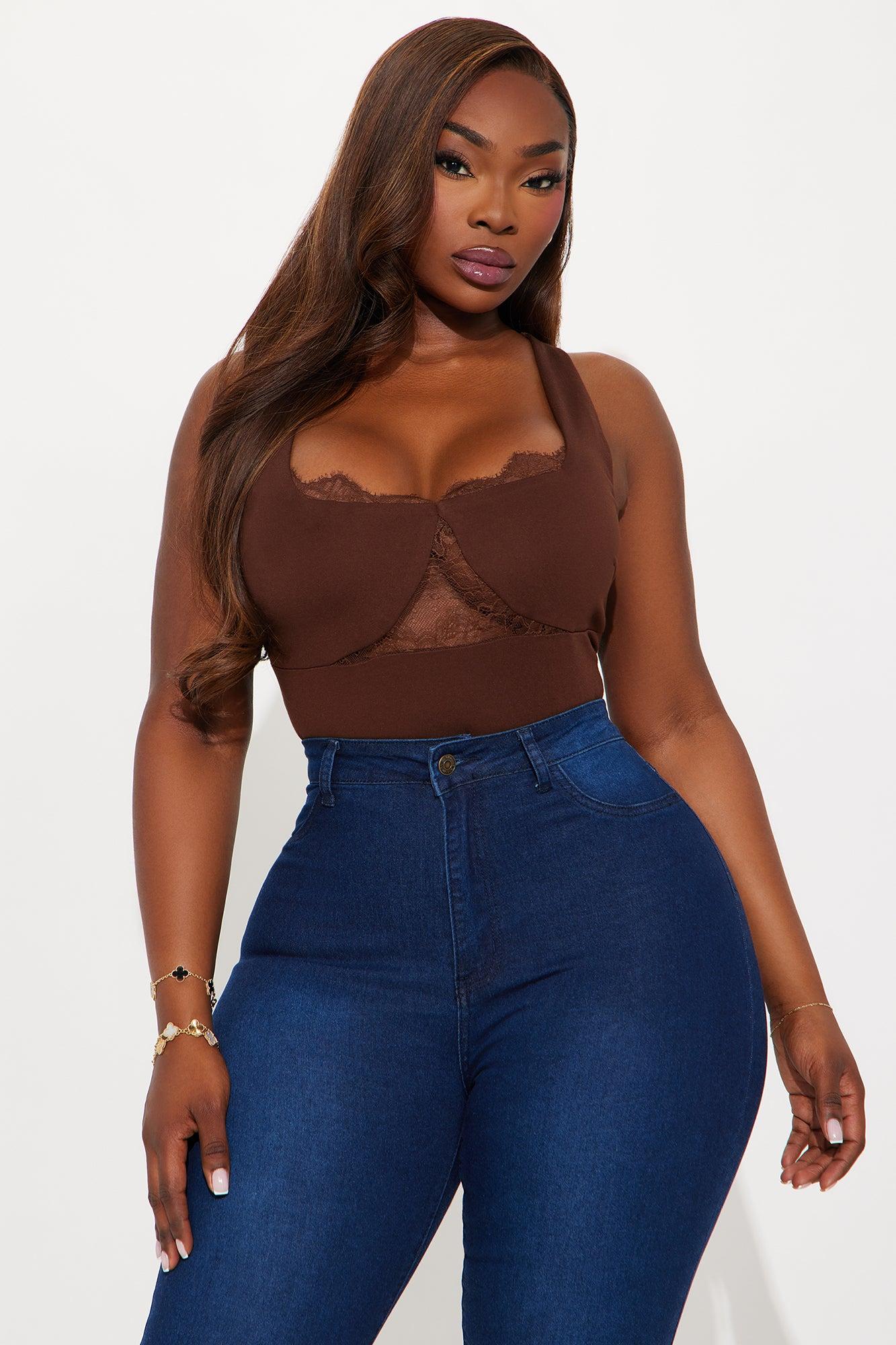 Verity Lace Trim Ponte Bodysuit - Brown Product Image