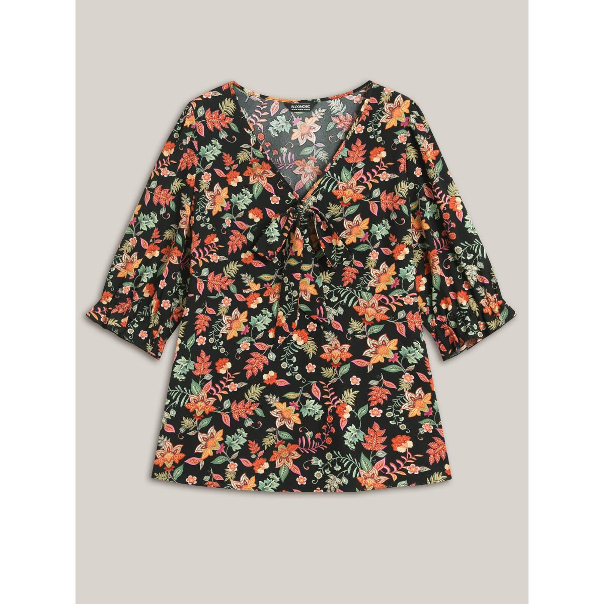Plus Size Black Floral Print Knotted Neckline Flared Shirt Women Resort Elbow-length sleeve V-neck Vacation Blouses BloomChic 18-20/2X Product Image