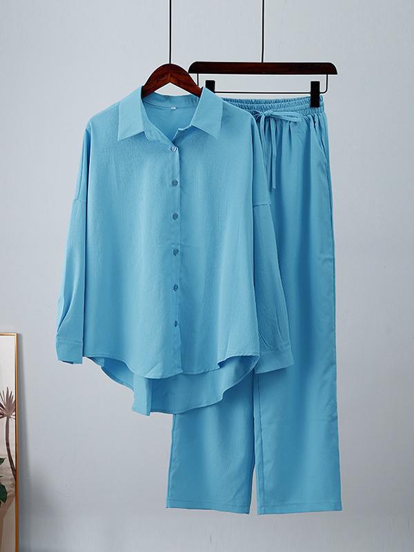 Solid Color High-Low Long Sleeves Lapel Blouses + Drawstring Pants Two Pieces Set Product Image