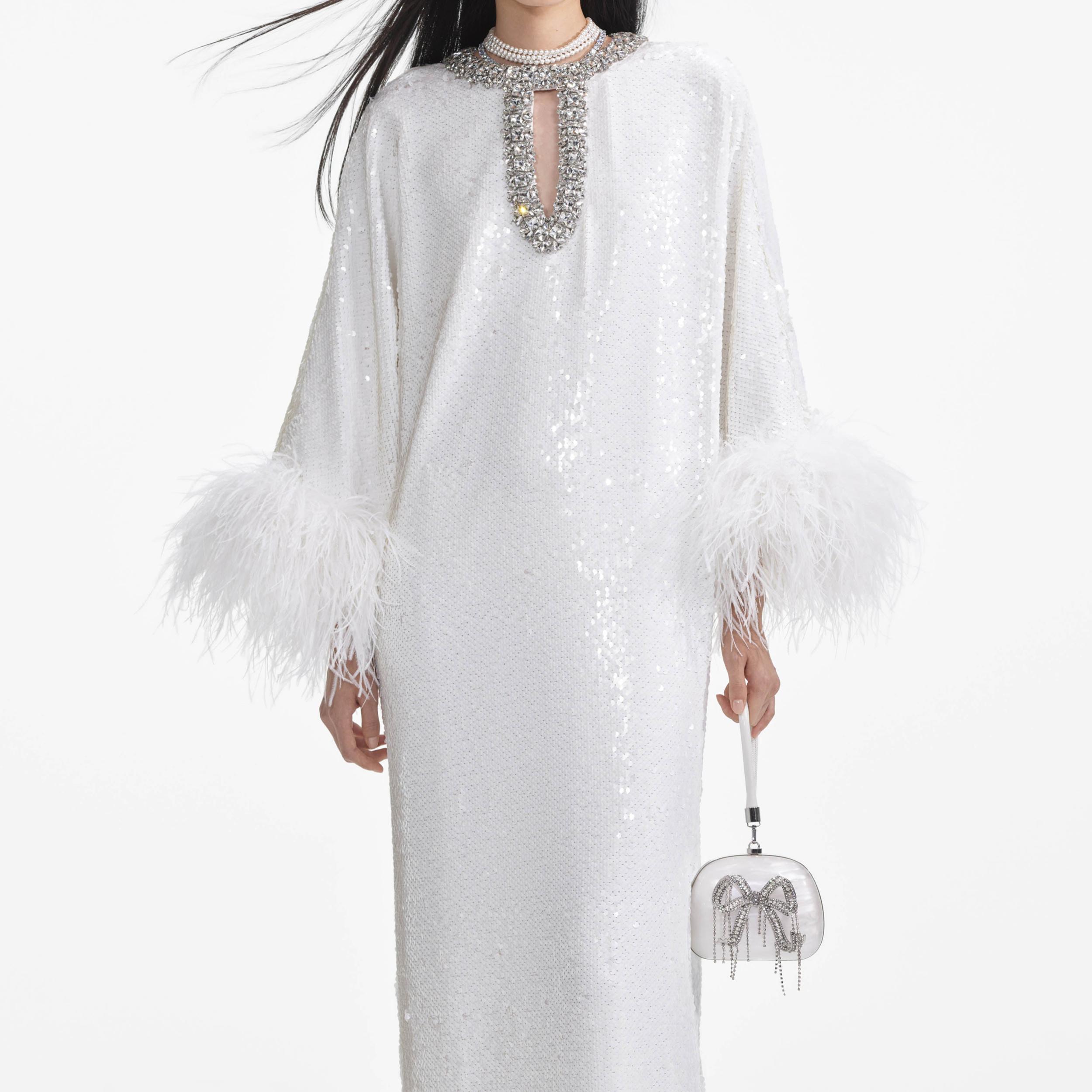 White Sequin Feather Maxi Dress Product Image