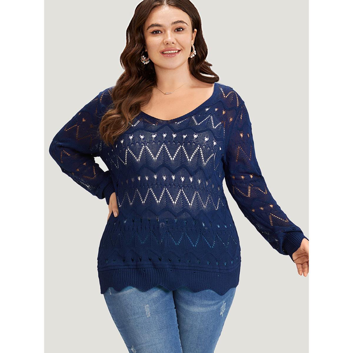 Plus Size Geometric Eyelet Scalloped Trim Drop Shoulder Pullover Indigo Women Casual Loose Long Sleeve Round Neck Dailywear Pullovers BloomChic 22-24/3X Product Image