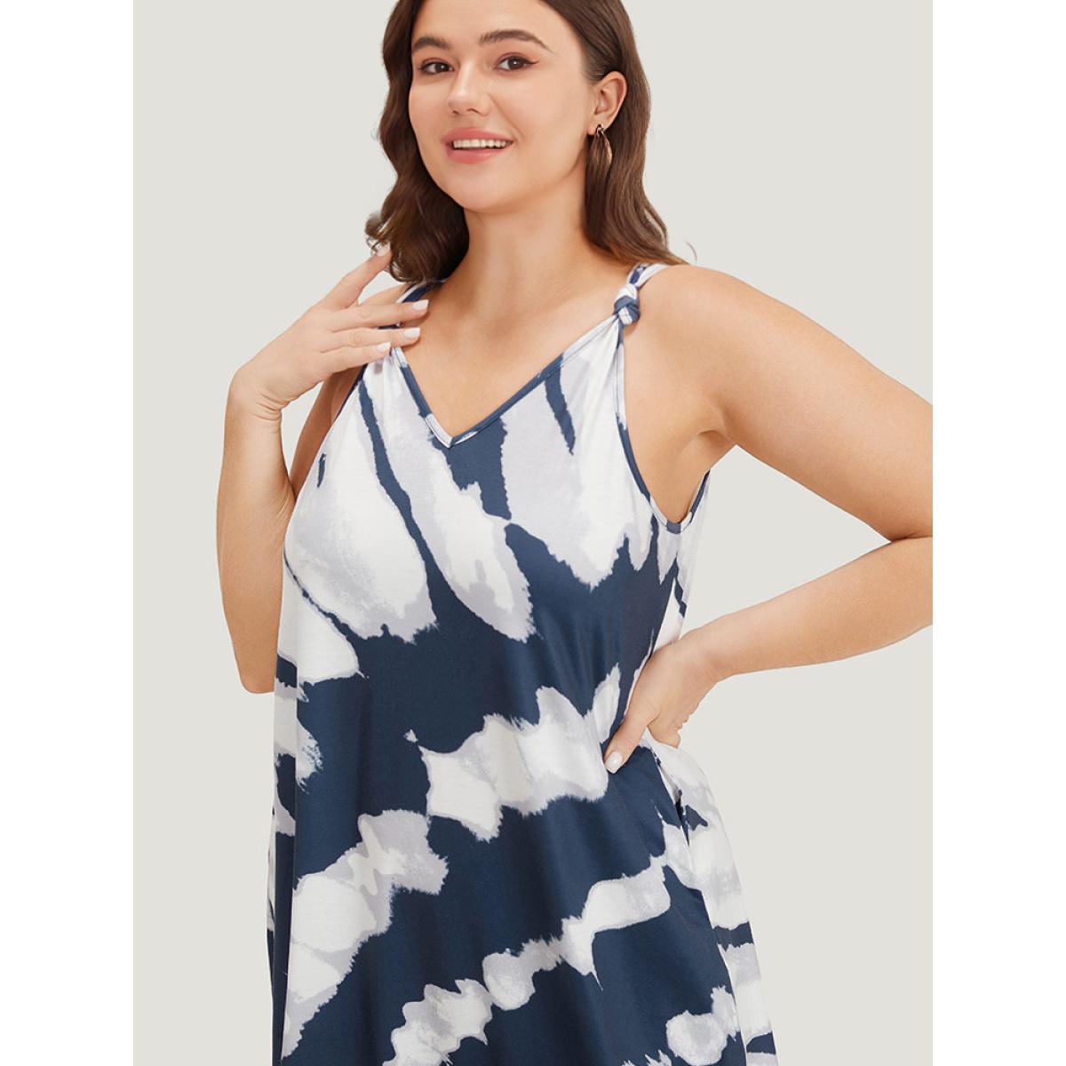 Plus Size Tie Dye Pocket Bowknot Cami Dress Blue Women Casual Tie Dye Spaghetti Strap Sleeveless Curvy Midi Dress BloomChic 12/L Product Image