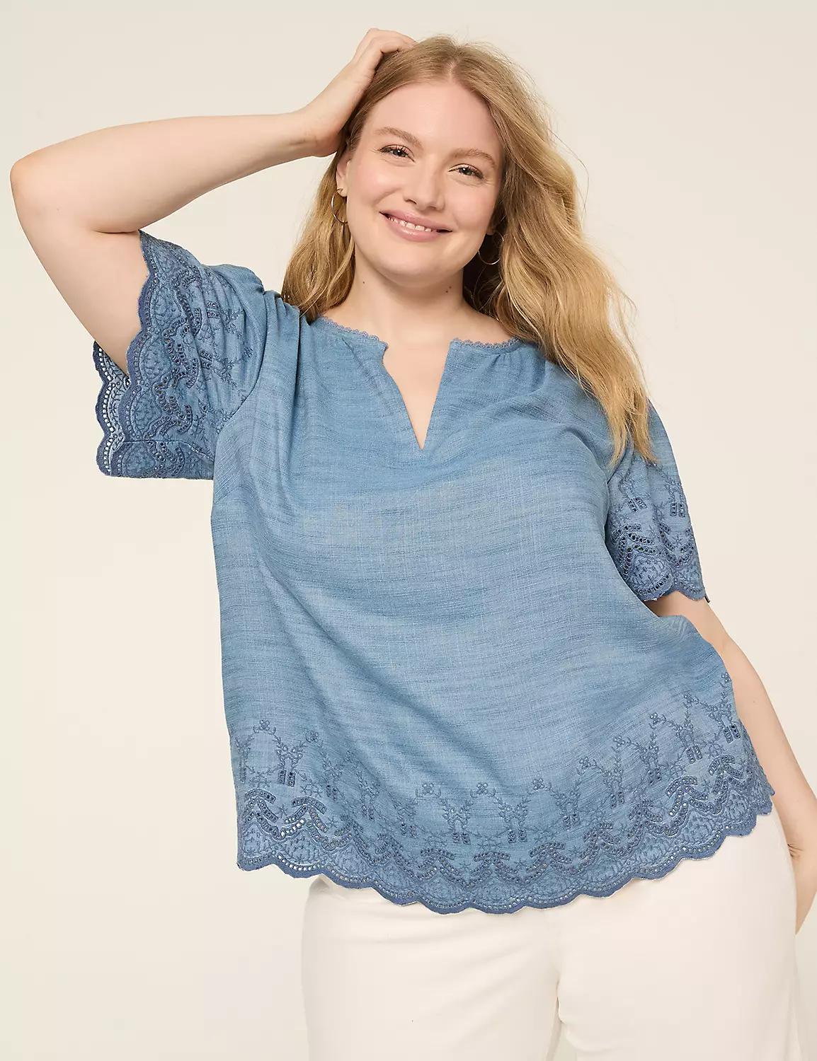 Notch-Neck Embroidered Denim Popover Top Product Image