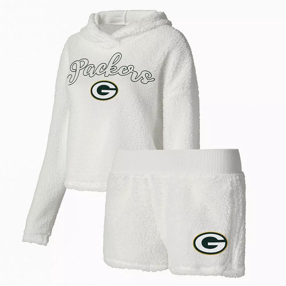 Women's Concepts Sport White Green Bay Packers Fluffy Pullover Sweatshirt & Shorts Sleep Set,  Product Image