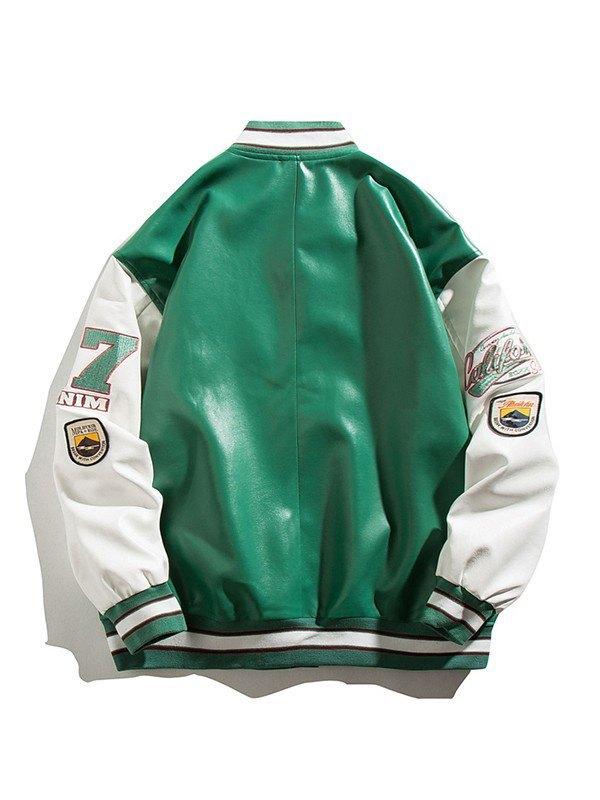 Men's Embroidered Pu Leather Varsity Jacket Product Image