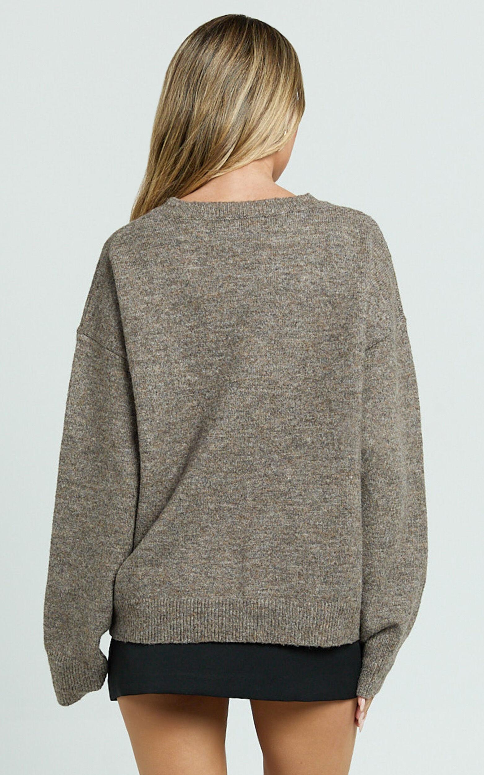 Amanda Top - Crew Neck Long Sleeve Knit Sweater in Mushroom Product Image