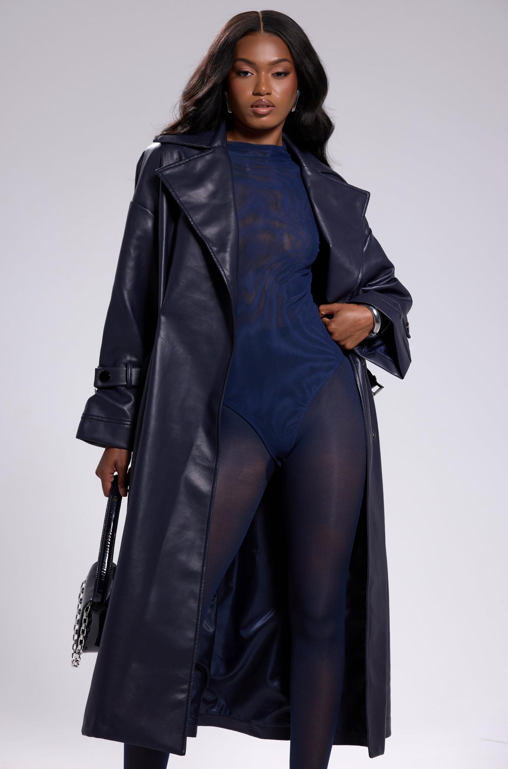 ALINNA FAUX LEATHER TRENCH IN NAVY Product Image