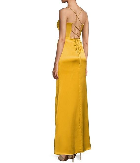 GB Social Corset Cowl Neck Lace-Up Back Slit Hem Satin Long Dress Product Image