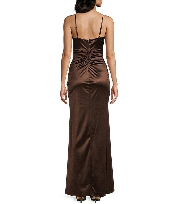 Honey and Rosie Spaghetti-Strap Square-Neck Faux-Wrap Slit Hem Stretch Satin Long Dress Product Image