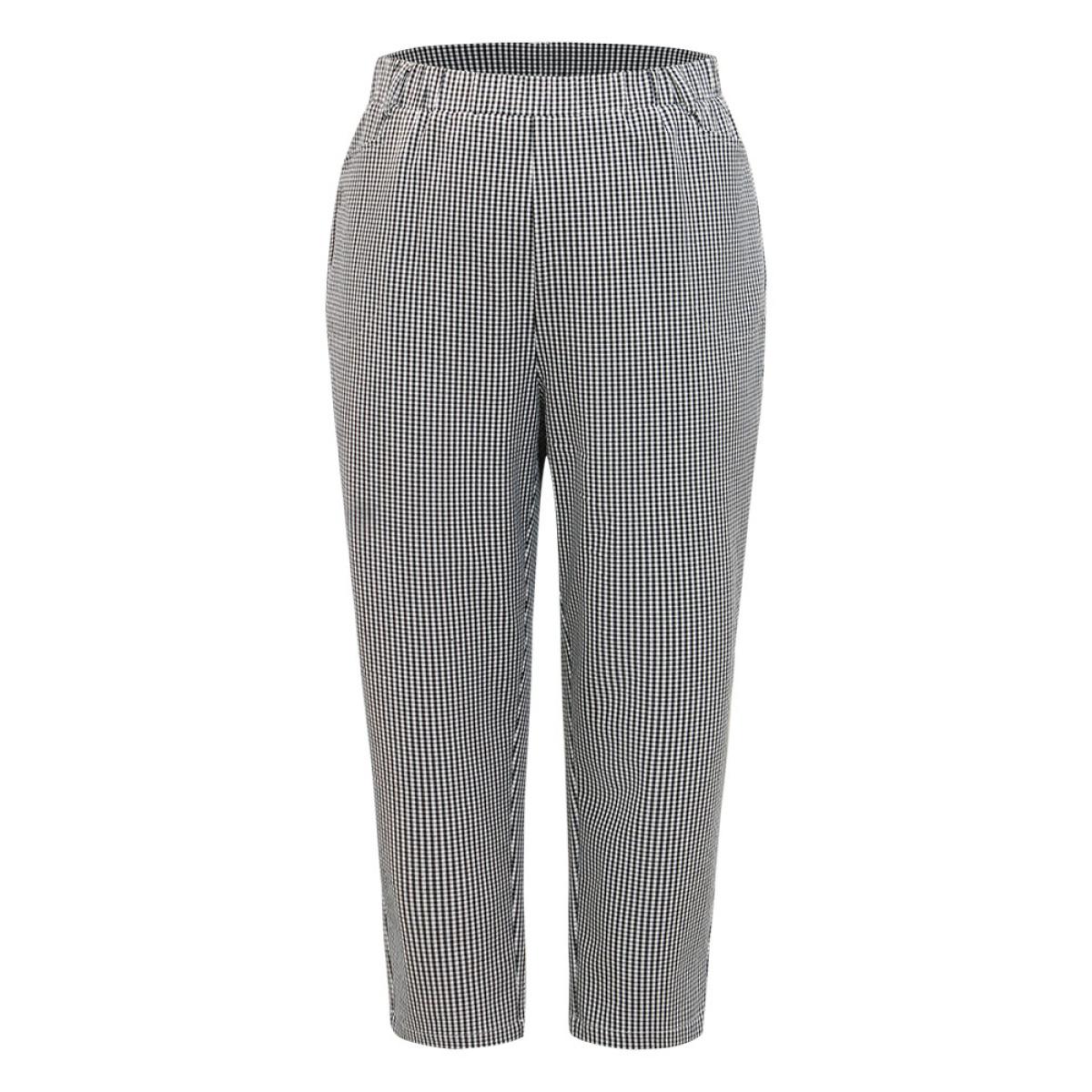 Plus Size Gingham Elastic Waist Pocket Pants Women Black At the Office Straight Leg High Rise Office Pants BloomChic 28/5X Product Image