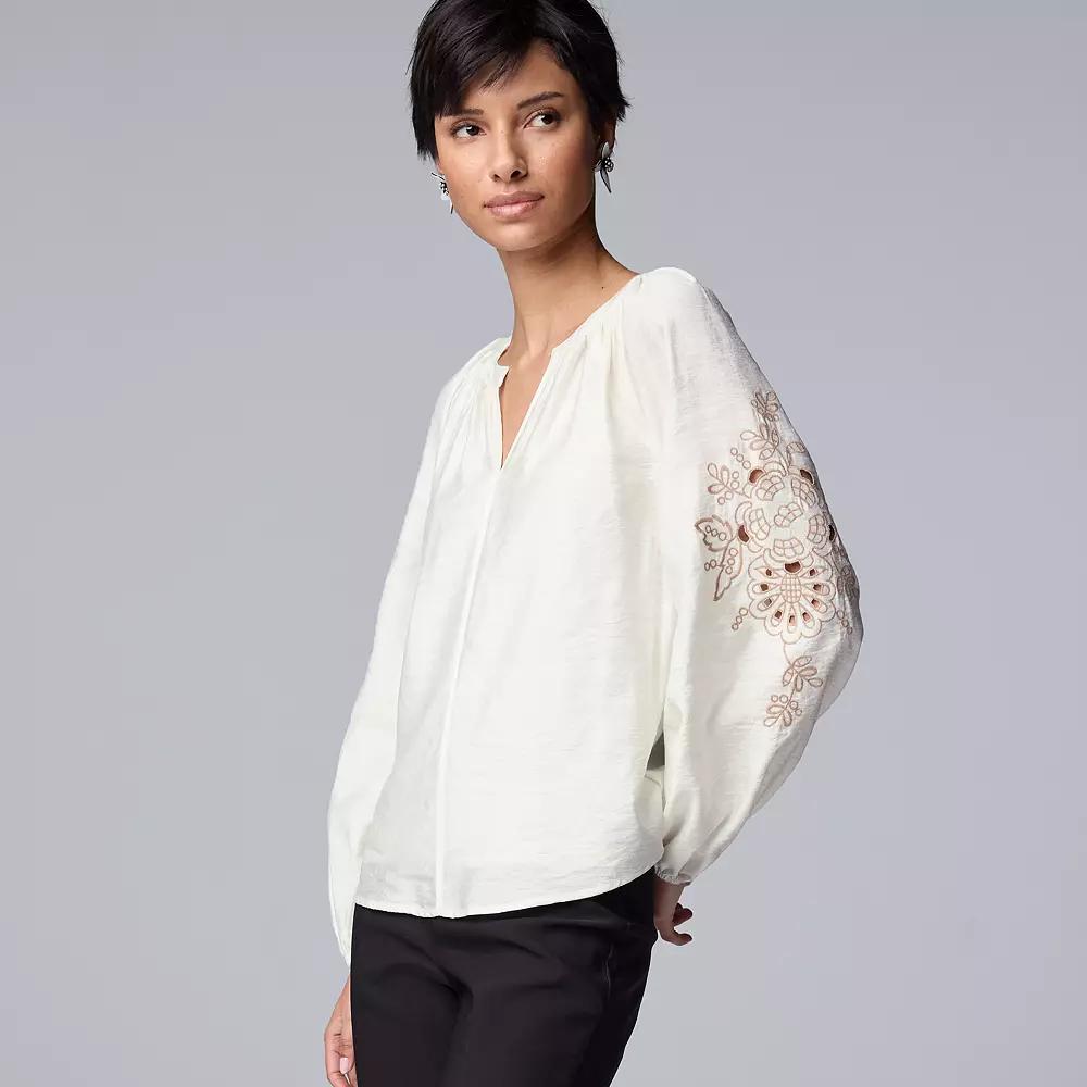 Women's Simply Vera Vera Wang Notchneck Embroidered Long Sleeve Dobby Blouse, Size: XL, White Milk Product Image