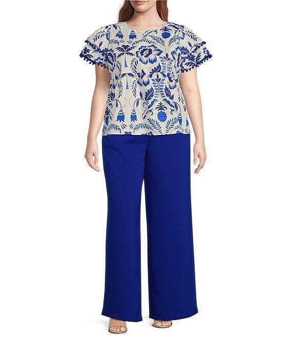 Sugarlips Plus Milagro Floral Printed Flutter Sleeve Pom-Pom-Trimmed Babydoll Blouse Product Image