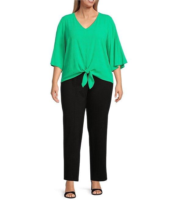 Slim Factor By Investments Plus Size Dylan Tie Front V-Neck 3/4 Sleeve Top Product Image