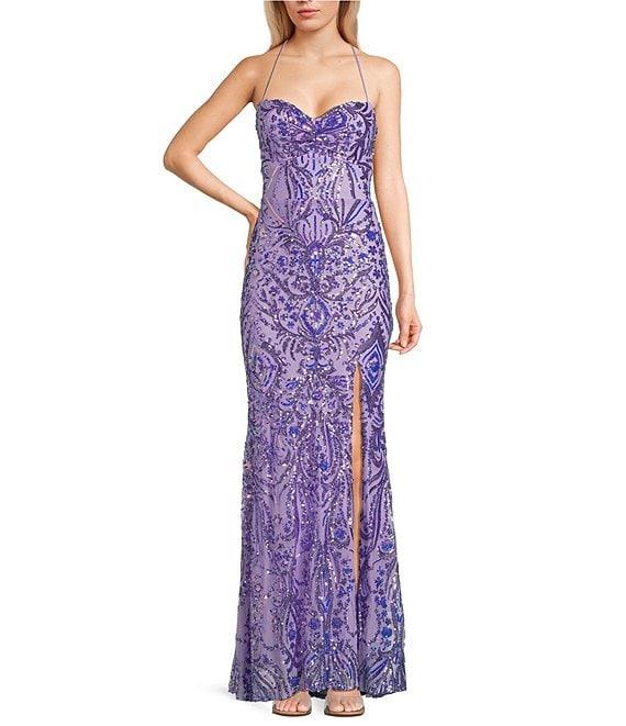 Blondie Nites Sequin Pattern Pinch Front Spaghetti Strap Tie Back Gown Product Image