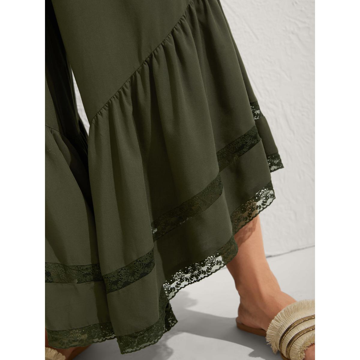Plus Size Ruffled Lace Hem Wide-Leg Pants Women ArmyGreen Loose Mid Rise Vacation Pants BloomChic 14-16/1X Product Image
