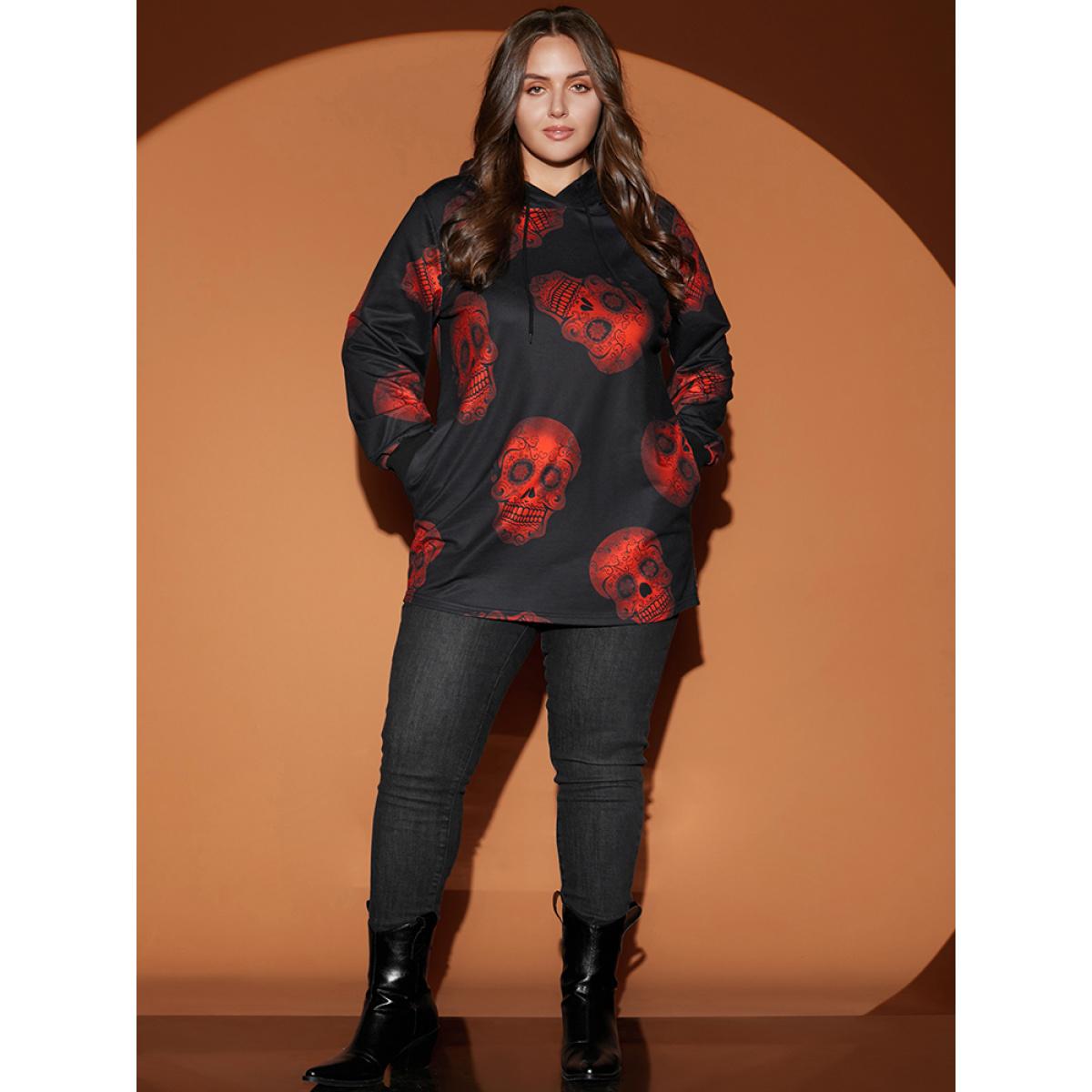 Plus Size Halloween Skull Print Pocket Drawstring Hooded Sweatshirt Women Black Casual Pocket Hooded Dailywear Sweatshirts BloomChic 14-16/1X Product Image