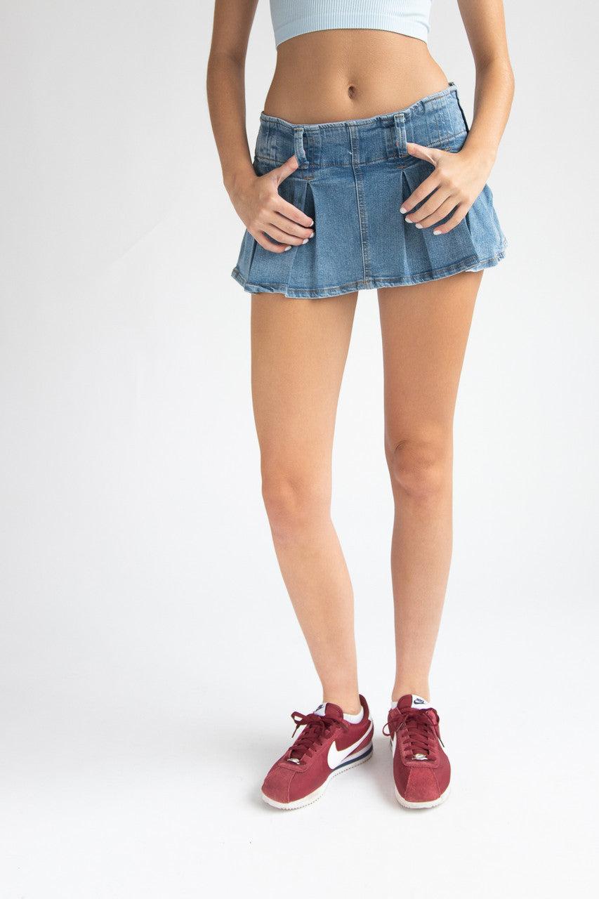 Low Rise Denim Pleated Mini Skort Product Image