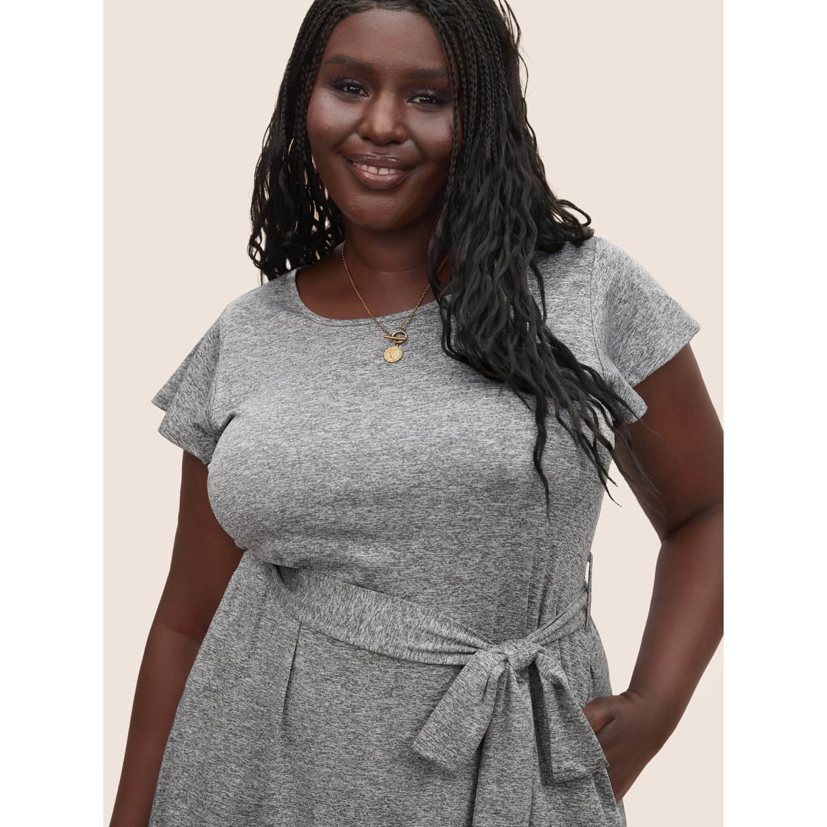 Plus Size Solid Patchwork Ruffle Cap Sleeve Belted Dress Gray Women Basics Belted Round Neck Cap Sleeve Curvy Midi Dress BloomChic 12/L Product Image