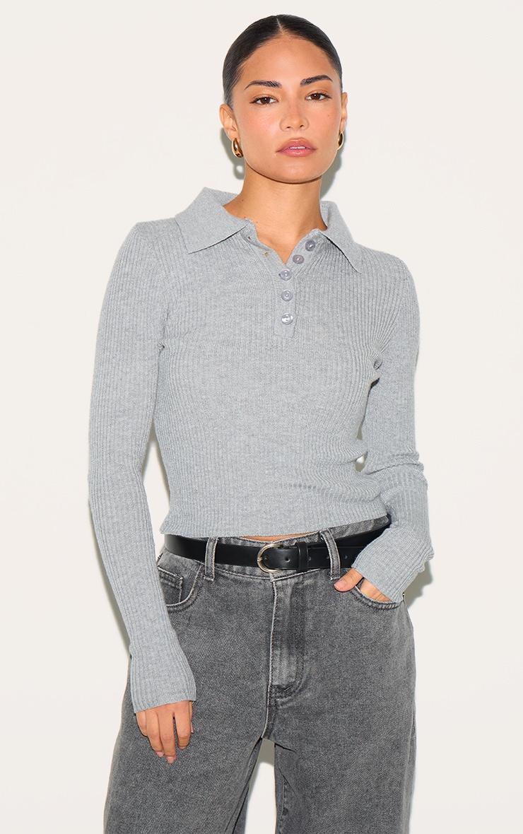 Petite Grey Knit Collared Longline Top Product Image