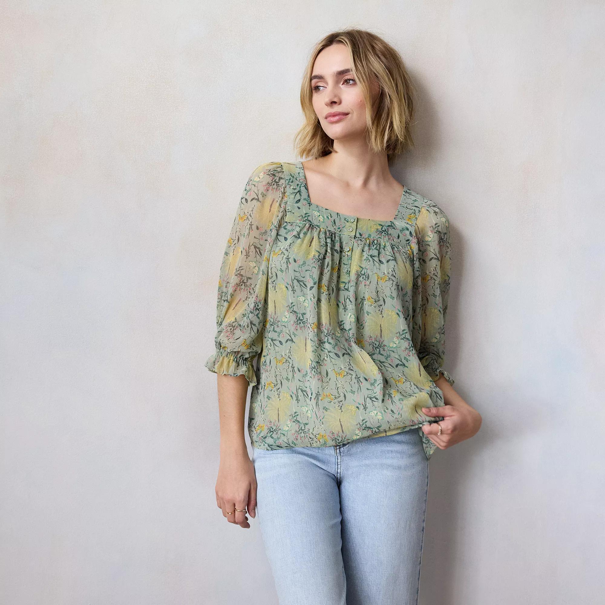 Petite LC Lauren Conrad Henley Square Neck Peasant Top, Women's, Size: XS Petite, Green Botanica Product Image