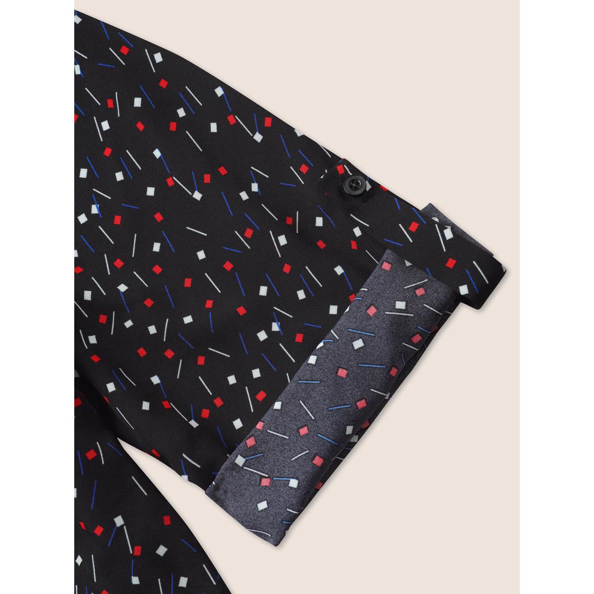 Plus Size Black Geometric Tab Sleeve Tie Neck Blouse Women At the Office Elbow-length sleeve Ribbon-tied collar Office Blouses BloomChic 12/L Product Image