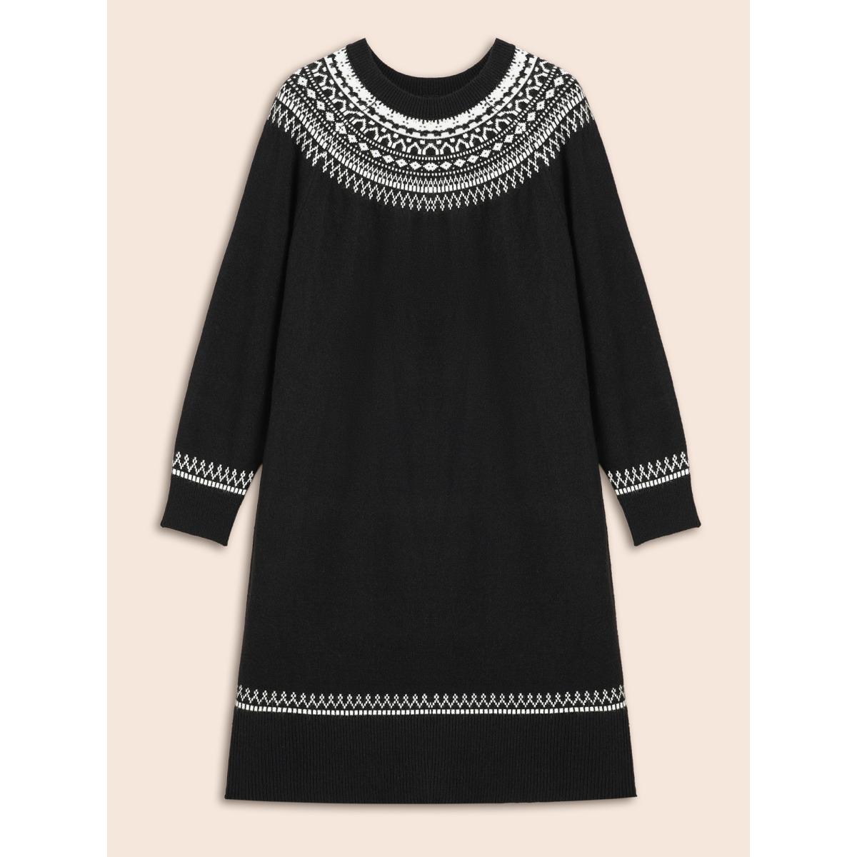 Plus Size Supersoft Essentials Geo-embroidery Fair Isle Fitted Sweater Dress Black Women Casual Loose Long Sleeve Everyday Sweater Dresses BloomChic 12/L Product Image