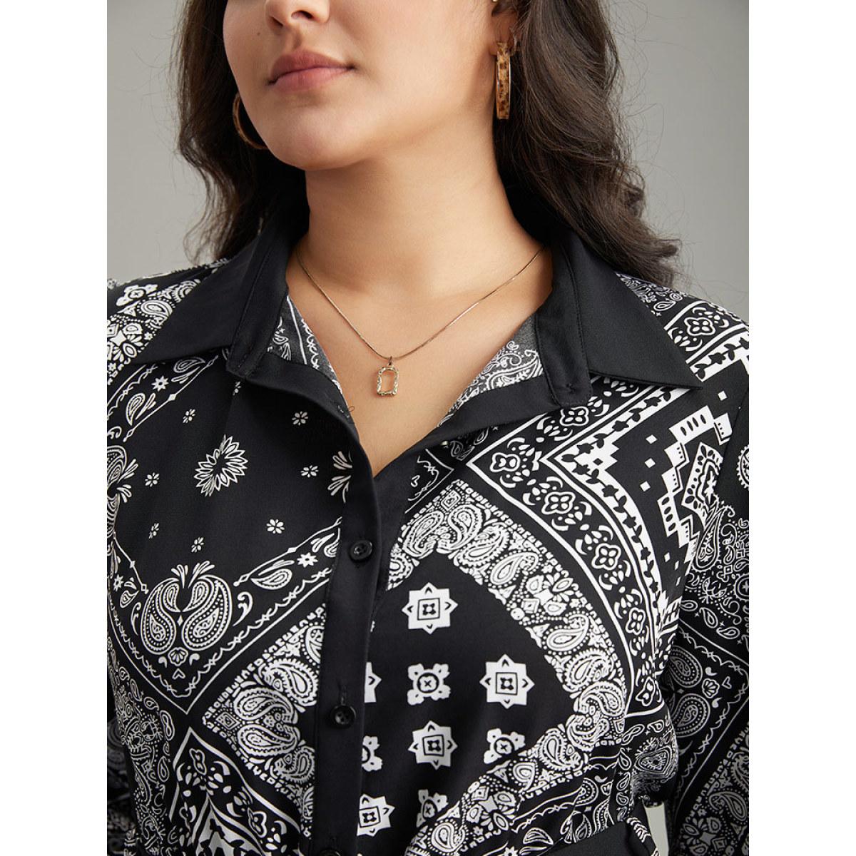 Plus Size Moroccan Print Shirt Collar Belted Button Through Dress Black Women Office Elastic cuffs Shirt collar Long Sleeve Curvy Midi Dress BloomChic 18-20/2X Product Image