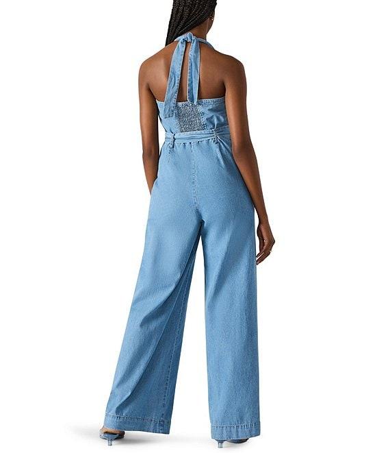 Steve Madden Artie Halter Neck Sleeveless Belted Chambray Jumpsuit Product Image